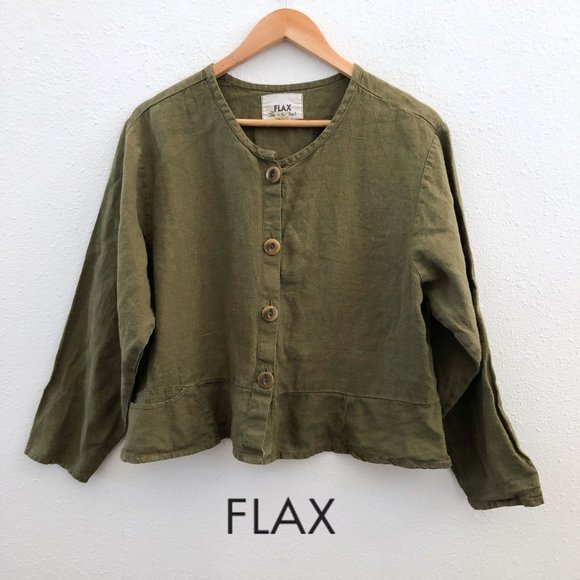 Flax Tops - FLAX Green Olive Long Sleeve Linen Buttoned Blouse Size XL